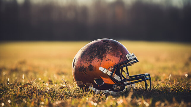 Still American football helmet on the grass