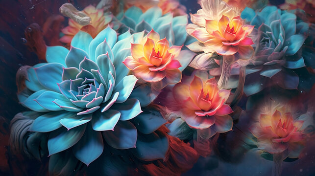 Rare and surreal succulent plant with fantasy colors like an echeveria or graptoveria 