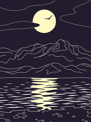 Line Drawing  of Night Scene with Moon - 639379756