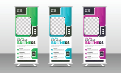 Commercial rollup banner template, pull-up banner, polygon background, vector illustration, business flyer, and display banner for your company, restaurant, and corporate business in three colors.