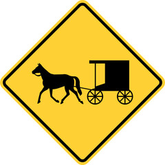 Vector graphic of a usa Horse Drawn Vehicle Crossing Ahead  highway sign. It consists of the silhouette of a horse and buggy within a black and yellow square tilted to 45 degrees