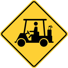 Vector graphic of a usa golf buggy crossing Ahead  highway sign. It consists of the silhouette of a golf buggy within a black and yellow square tilted to 45 degrees