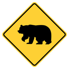 Transparent PNG of Vector graphic of a usa Bear Crossing Ahead  highway sign. It consists of the silhouette of a bear within a black and yellow square tilted to 45 degrees
