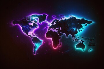 Glowing neon map of the world on dark background