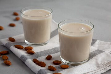 Organic White Almond Milk in Glasses, side view.