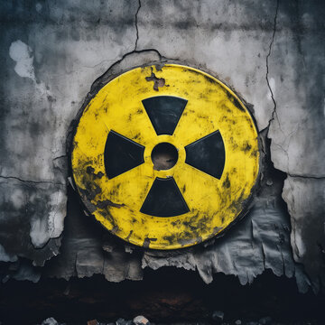 Nuclear energy radioactive (ionizing atomic radiation) round yellow symbol shape painted on massive concrete cement wall texture dark background. Nuclear radiation or radioactive alert warning danger
