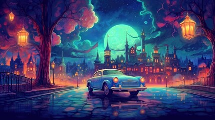 Whimsical and creative painting of a vintage car under a captivating nighttime sky