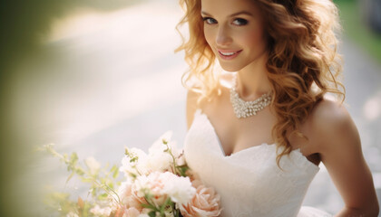 Fototapeta na wymiar Beautiful bride ready to get married in her stunning wedding dress. Generative AI illustrations