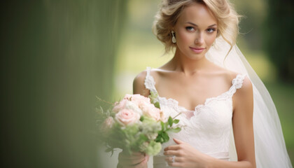 Naklejka premium Beautiful bride ready to get married in her stunning wedding dress. Generative AI illustrations