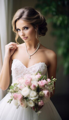 Fototapeta premium Beautiful bride ready to get married in her stunning wedding dress. Generative AI illustrations