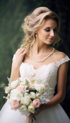 Naklejka premium Beautiful bride ready to get married in her stunning wedding dress. Generative AI illustrations