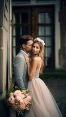 Couple in love on their big wedding day wityh emotions running high. Generative AI illustrations