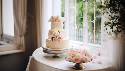 Fototapeta na wymiar Beautiful decorated wedding cake looking delicious on a table. Generative AI illustrations