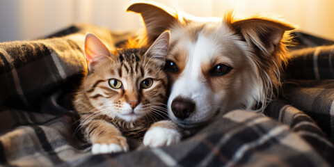 Adorable Dog and Cat Sitting Together, Image of Domestic Animals