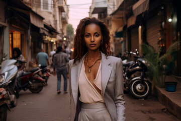 Fototapeta premium Stunning Black Woman Posing in the Middle of the Street