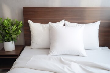 White pillows mockup on the bed in the hotel bedroom