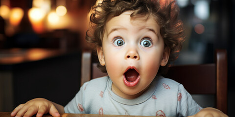 Surprised Kid Sitting at Table, Eyes Widened and Mouth Opened in Amazement - obrazy, fototapety, plakaty