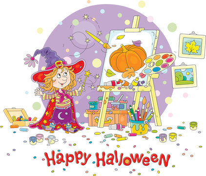 Happy Halloween card with a little witch waving her gold magic wand and drawing pumpkin and autumn leaves on an easel with a flying paintbrush and bright paints from a palette