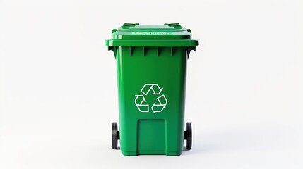 Garbage containers on a white background with a recycling symbol on them. Created with Generative Ai technology.