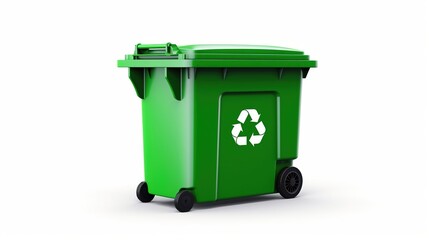 Garbage containers on a white background with a recycling symbol on them. Created with Generative Ai technology.