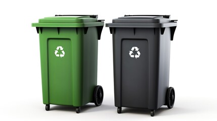 Garbage containers on a white background with a recycling symbol on them. Created with Generative Ai technology.