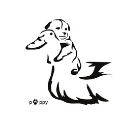 Cute puppy hugging a duck. Happy inseparable dog and bird. Stylized graphic gestalt image animals