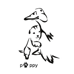 Cute puppy hugging a duck. Happy inseparable dog and bird. Stylized graphic gestalt image animals