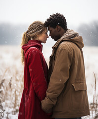 loving interracial couple couple in a winter background