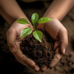 Hands holding young plant with soil background, World Environment Day concept