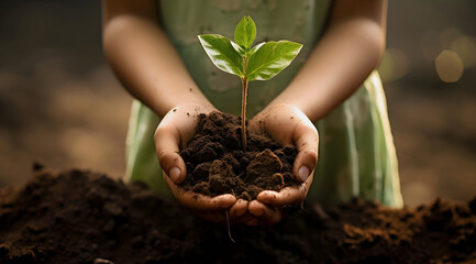 Close up of child hands holding green seedling in soil. Earth day concept
