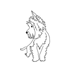 Yorkshire Terrier puppy looking interested. Vector linear drawing of a small standing dog.