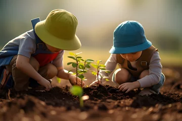 Poster Im Rahmen Two little children planting tree in the garden. Earth day concept. © MiroArt