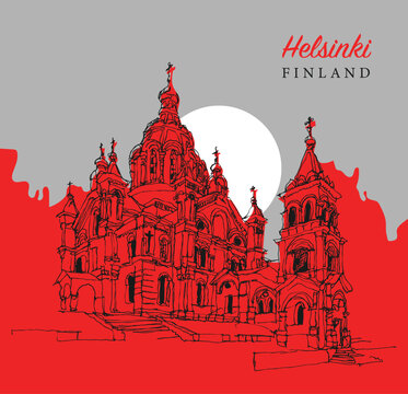 Drawing sketch illustration of the Uspenski Cathedral in Helsink, Finland