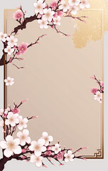 Japanese style cherry blossom background with gold frame. illustration.