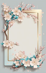 Cherry blossom flowers with golden frame on blue background. illustration.