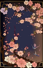 Illustration of cherry blossoms and birds on a dark background.