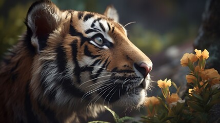 Obraz premium Cute and adorable tiger cub smelling fresh spring flower in the deep forest. New beginning. Outdoor background. Wild nature illustration.