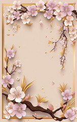 Cherry blossom background with gold frame. Illustration.