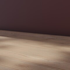 3d product background with empty wood floor, square, shadow background, nature sun light, outside, product backdrop, 3d render