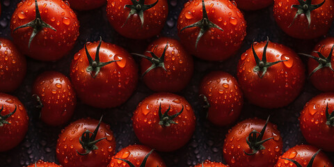 Seamless pattern with beautiful ripe and delicious tomatoes. Juicy vegetables endless texture. Organic vitamin food background.