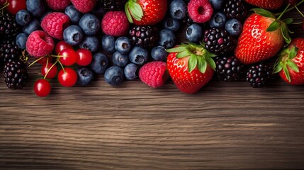 Assortment of fresh berries on a wooden background