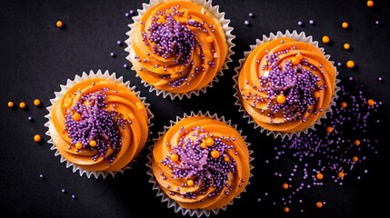 Assorted Halloween themed cupcakes against a dark background