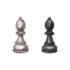 Fototapeta na wymiar Chess pieces black and white bishop isolated on white background. Watercolor hand drawn illustration of wooden chess pieces. Kipart for the chess club.