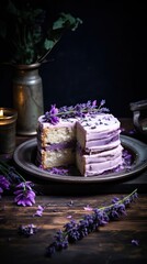 Obraz na płótnie Canvas Close-up view of a beautifully decorated lavender cake garnished with edible flowers