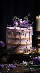 Close-up view of a beautifully decorated lavender cake garnished with edible flowers