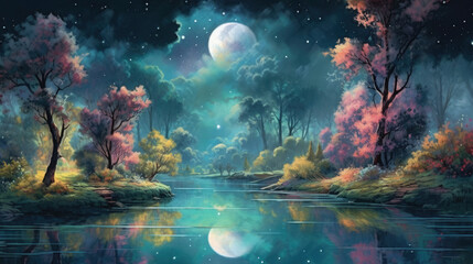 Fototapeta na wymiar Majestic and magical illustration of a nighttime landscape