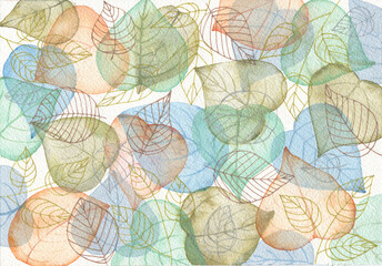 Transparent leaves pattern background, watercolor hand drawn autumn design.
