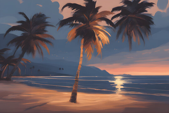 palm trees on the beach , sunset at the beach betwee trees, Genertive ai