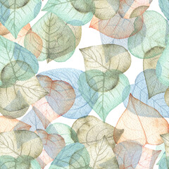 Transparent leaves seamless pattern, watercolor hand drawn autumn design.