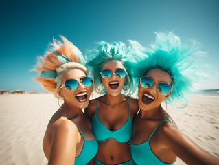 three beautiful blonde women having fun on a sandy beach with a turquoise sea with different unusual hairstyles